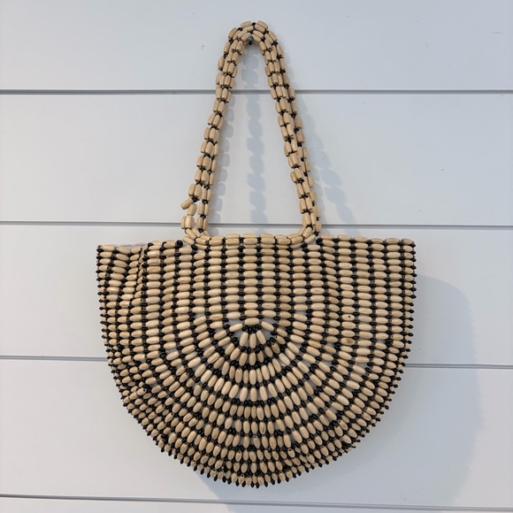 Rachel Ashwell Handbags - Rachel Ashwell Wooden Beaded Half Moon Tote Boho Coastal Bag Summer Neutral